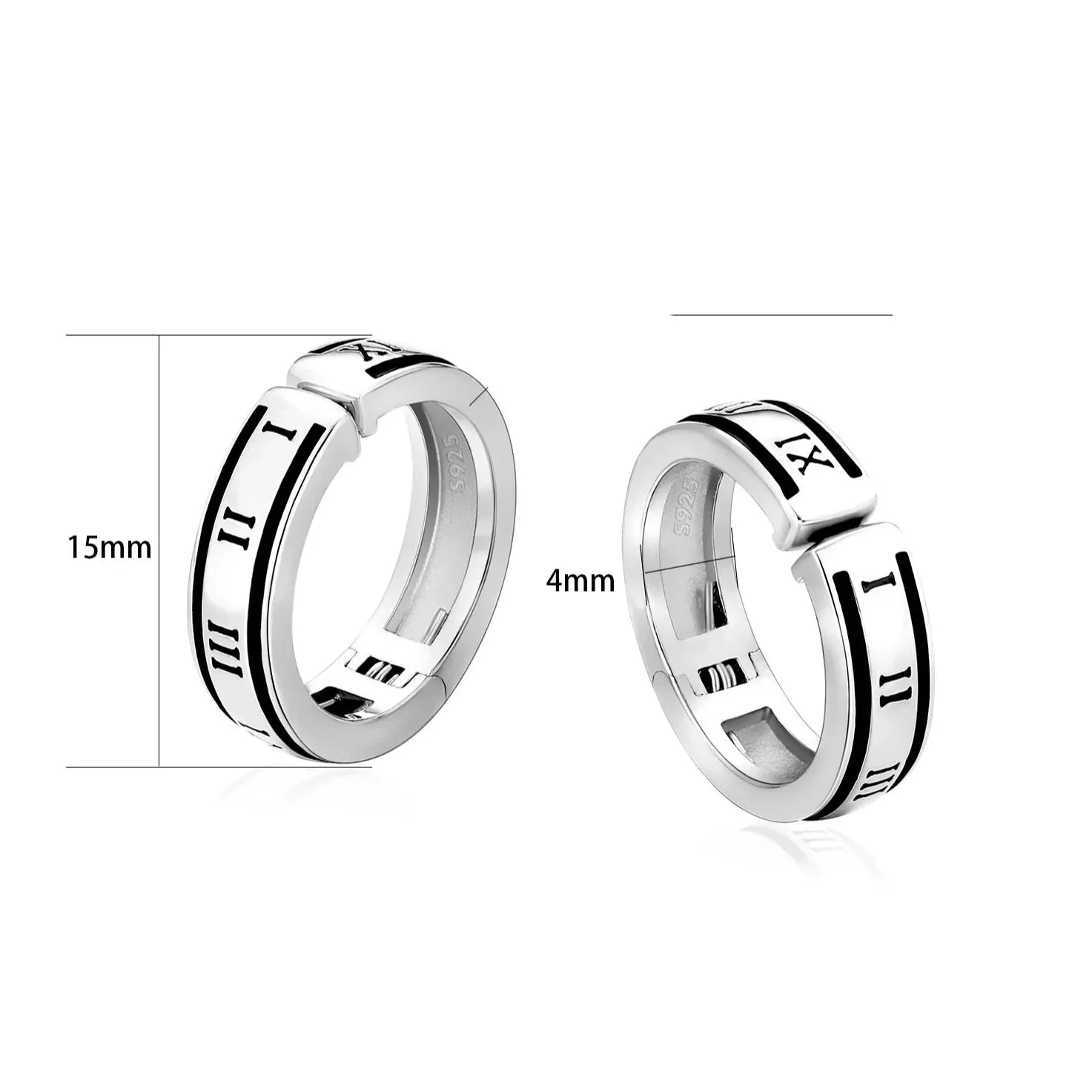 925 Sterling Silver Hoop Ear Cuff with Roman Numerals Printed in White Gold