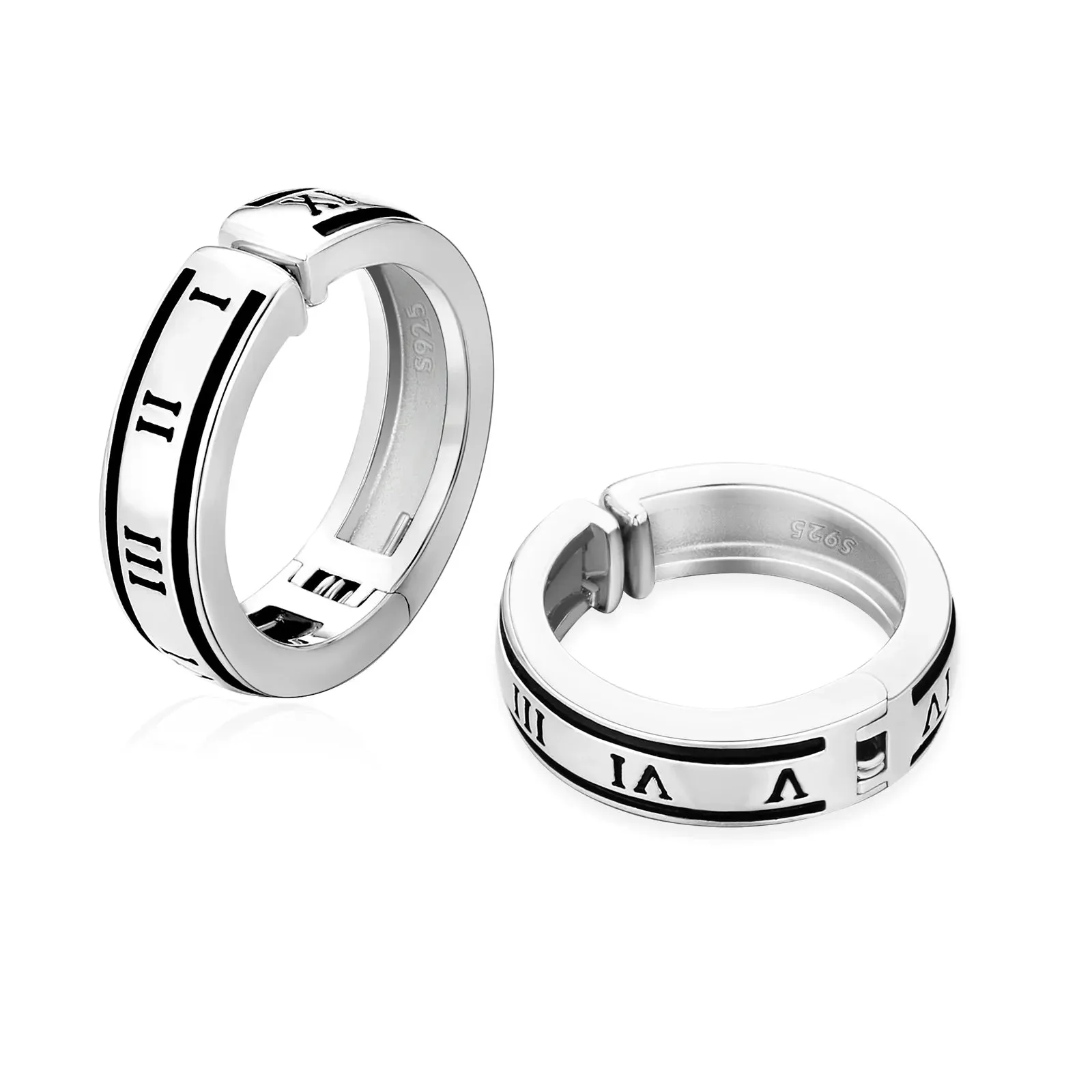 925 Sterling Silver Hoop Ear Cuff with Roman Numerals Printed in White Gold