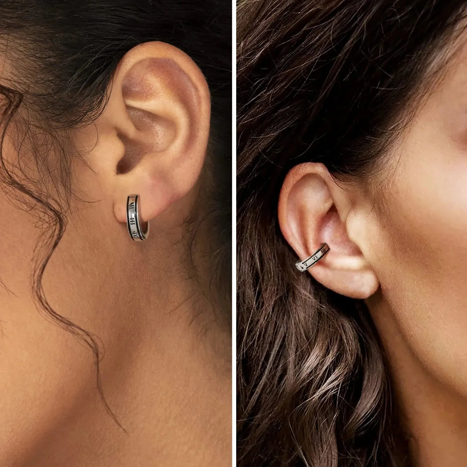 925 Sterling Silver Hoop Ear Cuff with Roman Numerals Printed in White Gold