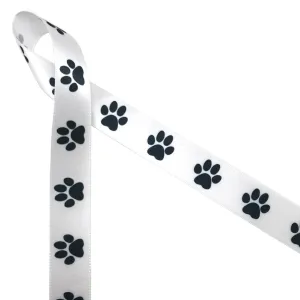 Black Paw Prints ribbon  printed on 7/8" white single face satin