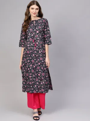Blue & Pink Floral Printed Straight Kurta With Keyhole Neck & 3/4 Sleeves