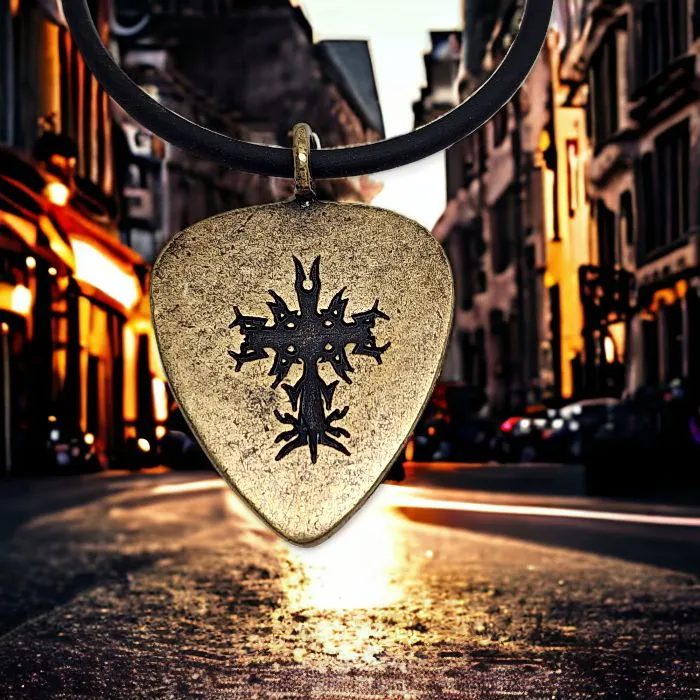 Cross Guitar Pick Antique Brass Finish Pendant Black Cord Necklace