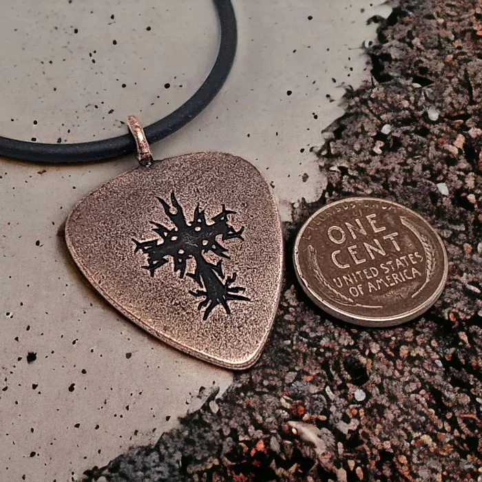 Cross Guitar Pick Antique Brass Finish Pendant Black Cord Necklace