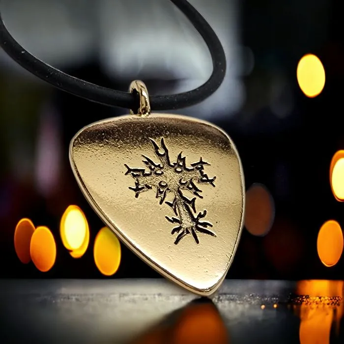 Cross Guitar Pick Gold Metal Finish Pendant Black Cord Necklace