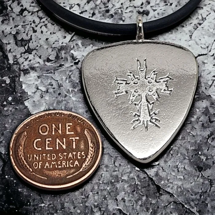 Cross Guitar Pick Rhodium Metal Finish Pendant Black Cord Necklace