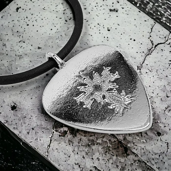 Cross Guitar Pick Rhodium Metal Finish Pendant Black Cord Necklace