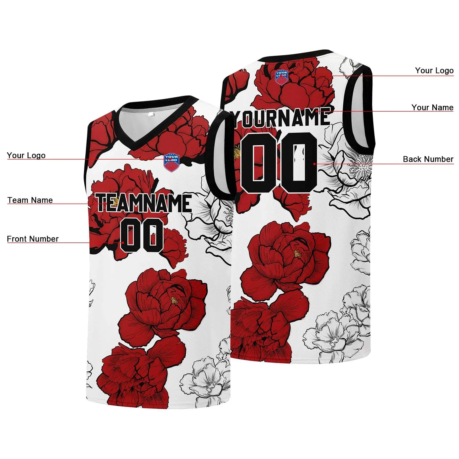 Custom basketball jersey for men and women. Stitched and printed name, number and logo Red