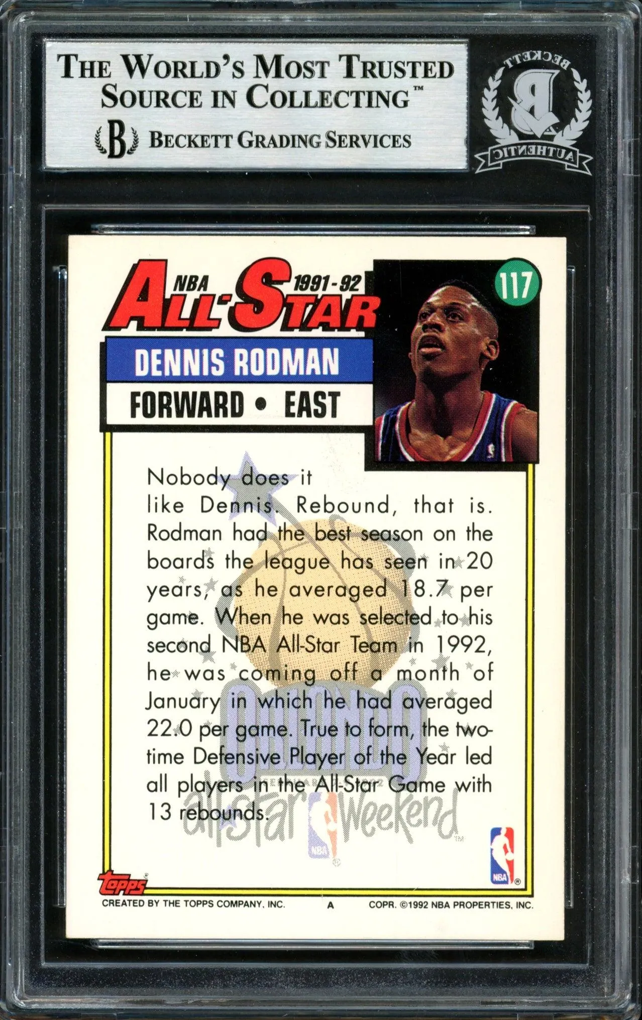 Dennis Rodman Autographed 1992-93 Topps All-Star Card #117 Detroit Pistons Beckett BAS #12518291