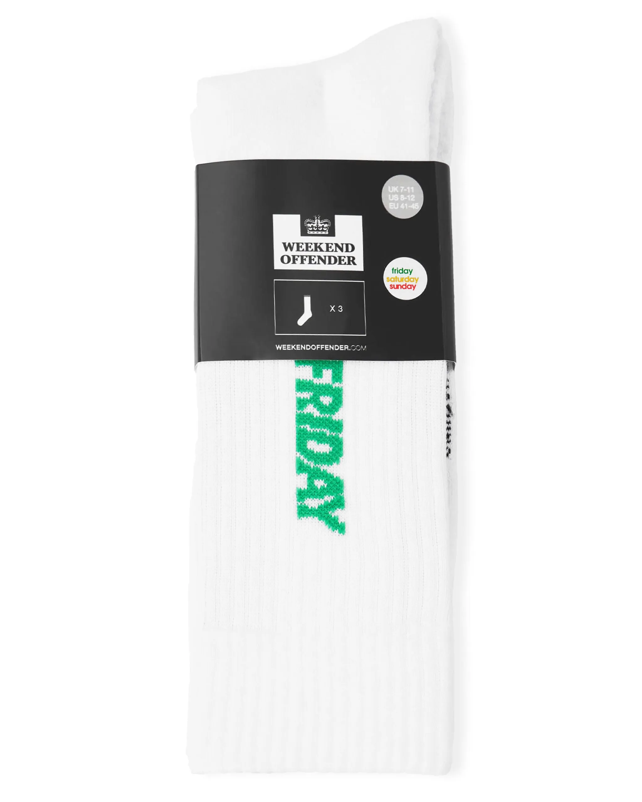 Friday/Saturday/Sunday Sports Socks White (3 PAIR PACK)