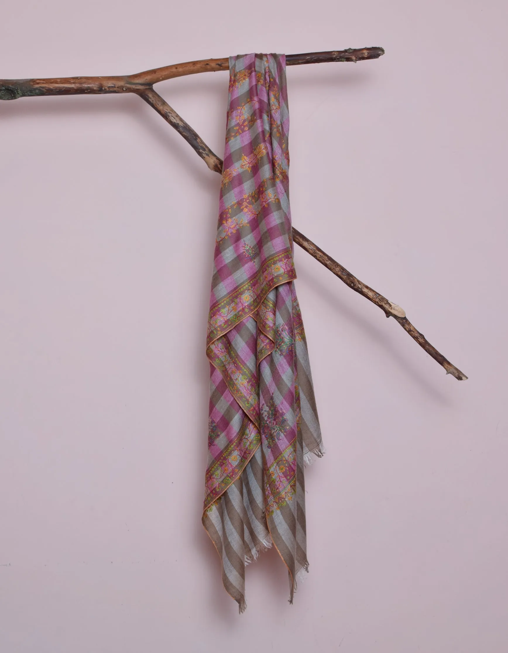 Modern Olive Mulberry Check Handwoven Sozni Embroidered Cashmere Pashmina Stole