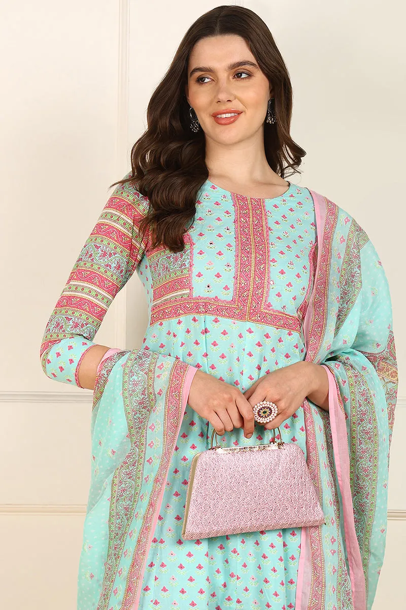 Turquoise Blue Cotton Floral Printed Anarkali Suit Set