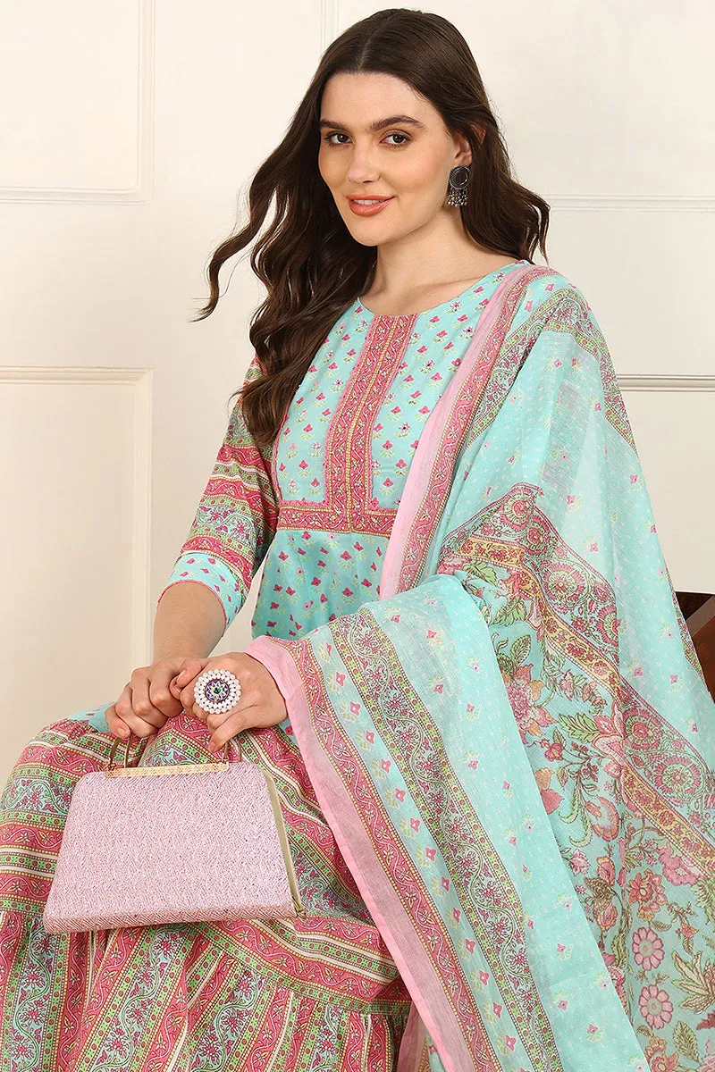 Turquoise Blue Cotton Floral Printed Anarkali Suit Set