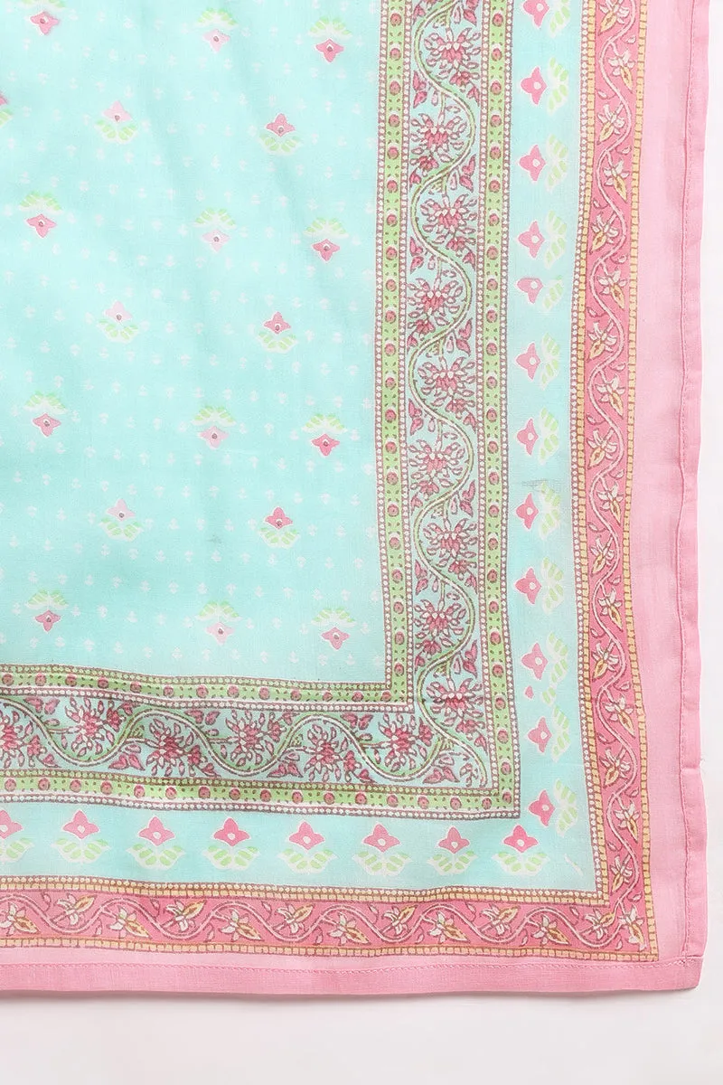 Turquoise Blue Cotton Floral Printed Anarkali Suit Set