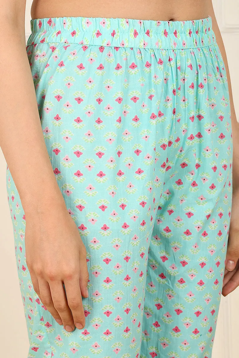 Turquoise Blue Cotton Floral Printed Anarkali Suit Set