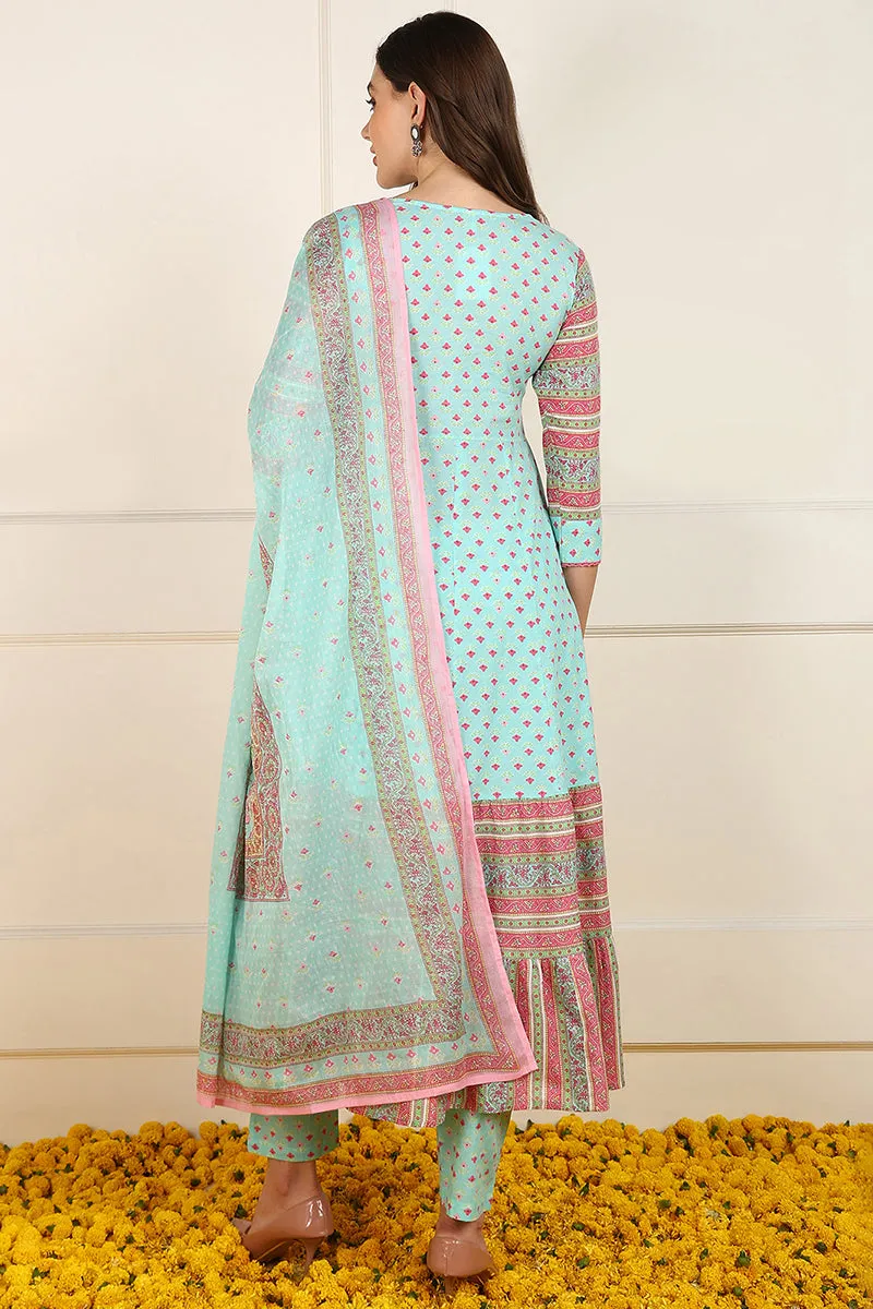 Turquoise Blue Cotton Floral Printed Anarkali Suit Set